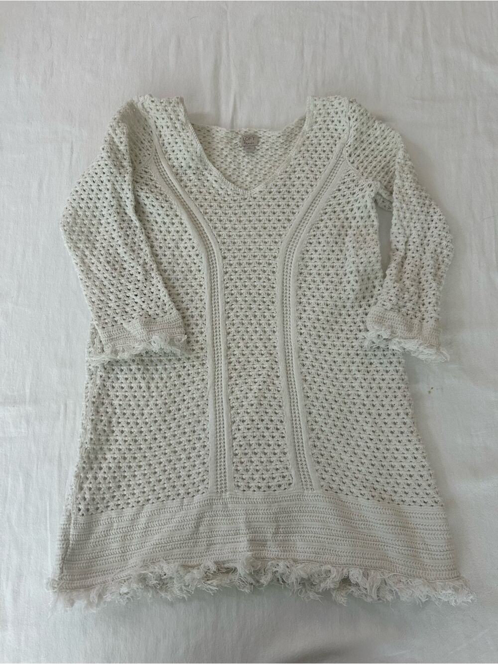 LOFT XS Ivory Crochet Knit Coastal Boho Beach Cover Up Tunic Fringe